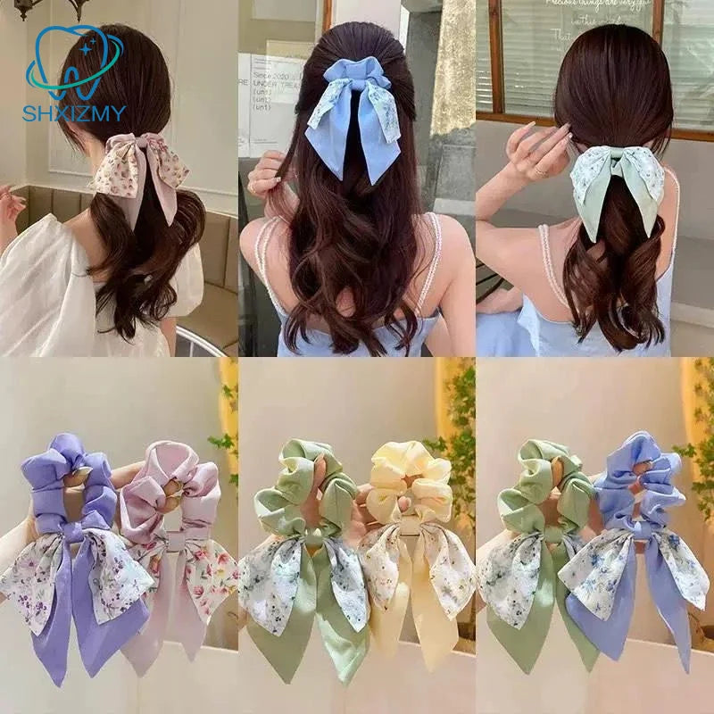 Floral Bow Satin Scrunchie – Ribbon Hair Band for Women