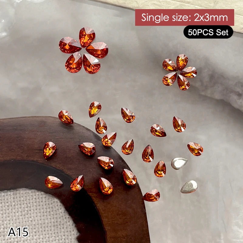 50Pcs Water Drop Zircon Nail Rhinestones 3D Flatback Crystal Gems