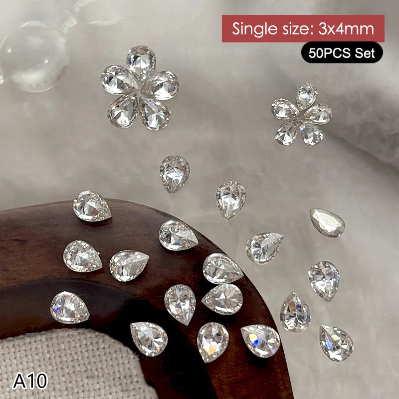 50Pcs Water Drop Zircon Nail Rhinestones 3D Flatback Crystal Gems