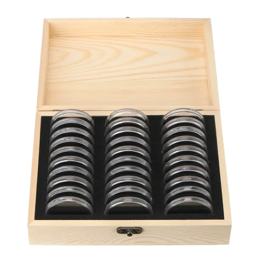 Wooden Coin Storage Box with Capsules & Pads – 20 to 100 Slots
