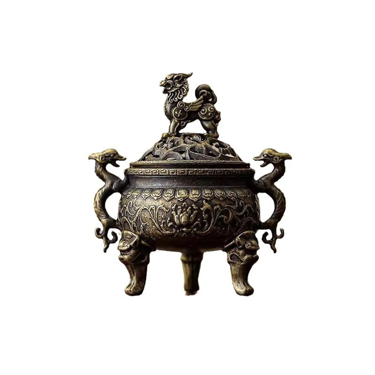 Brass Lotus Incense Burner Bowl – Lion Handle Meditation Décor