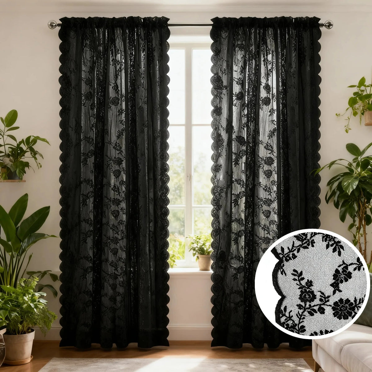 White Floral Lace Sheer Curtains Rod Pocket Voile Drapes