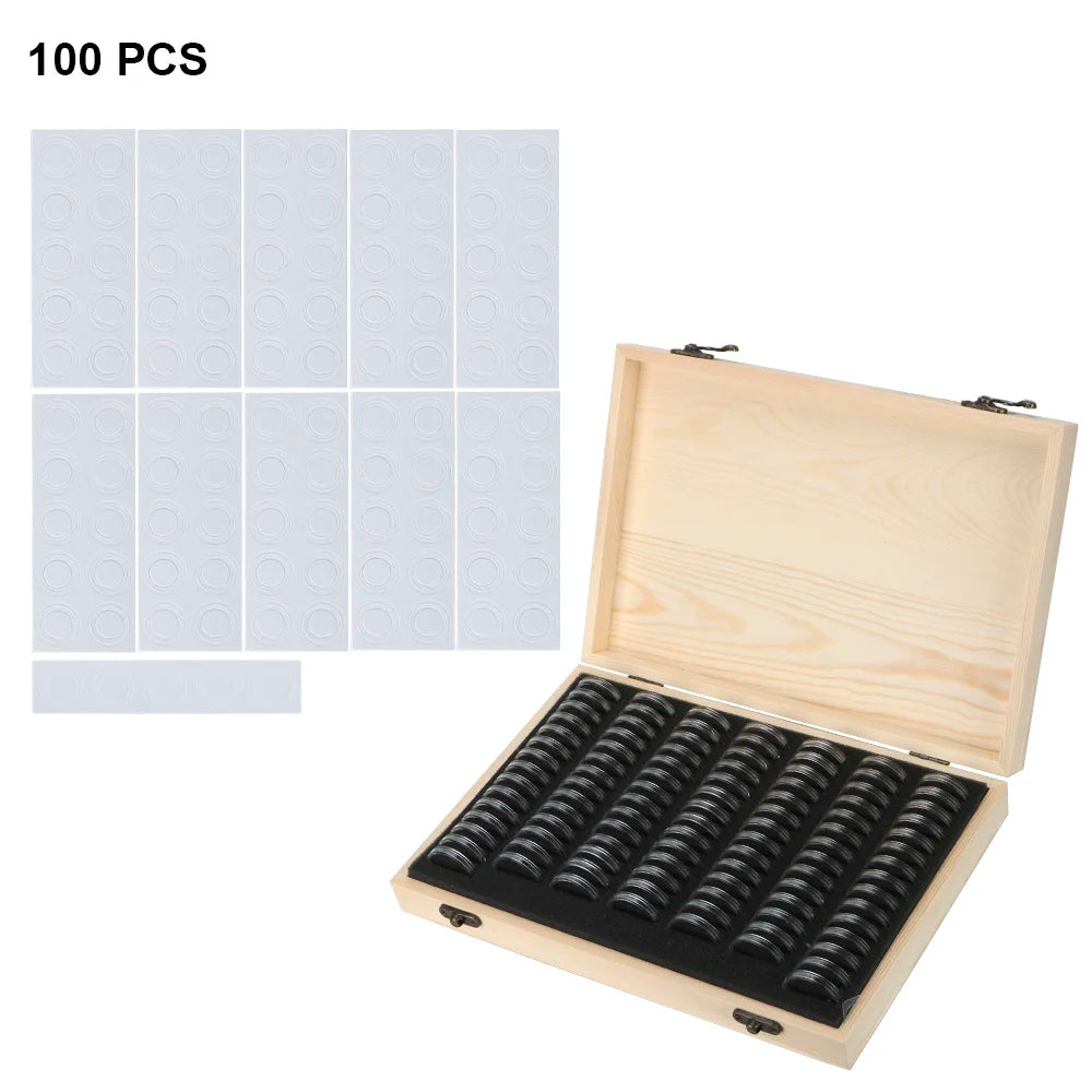 Wooden Coin Storage Box with Capsules & Pads – 20 to 100 Slots