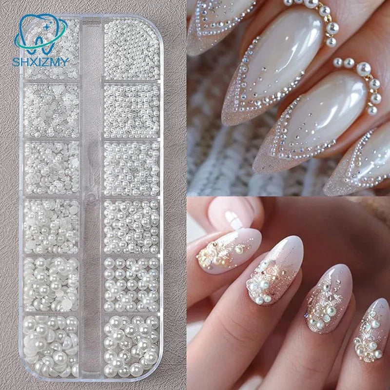 12-Grid 3D White Pearl Nail Charms – Mixed Beads Nail Art Set