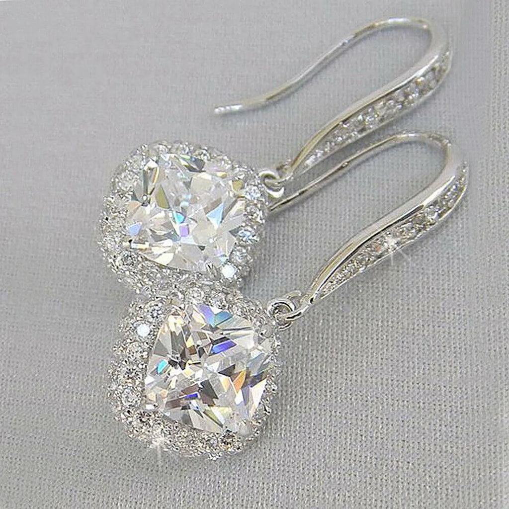 Square Zirconia Crystal Drop Earrings – Silver Bridal Dangle