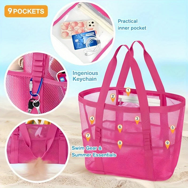 Sandproof Mesh Beach Tote Bag – Large, Multi-Pocket & Portable