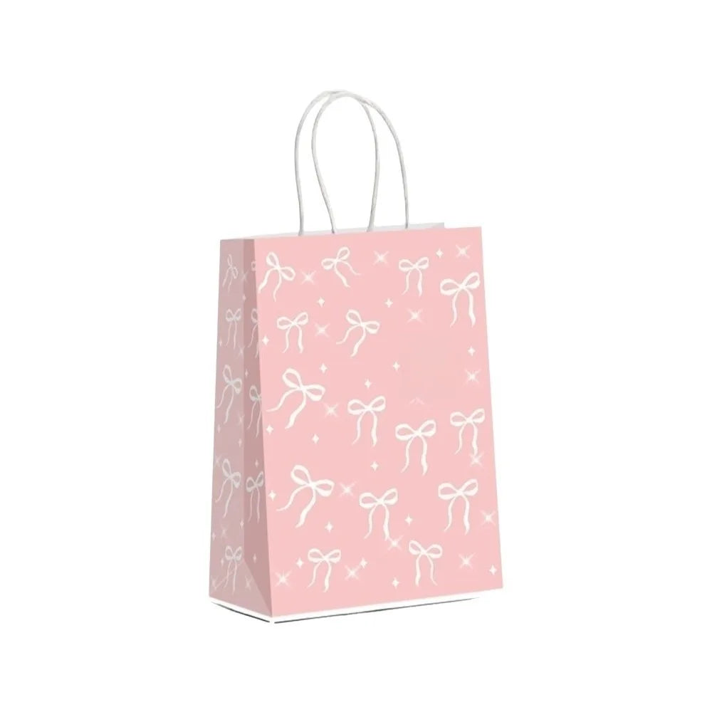5-Pack Pink Kraft Paper Gift Bags with White Bow | Birthday