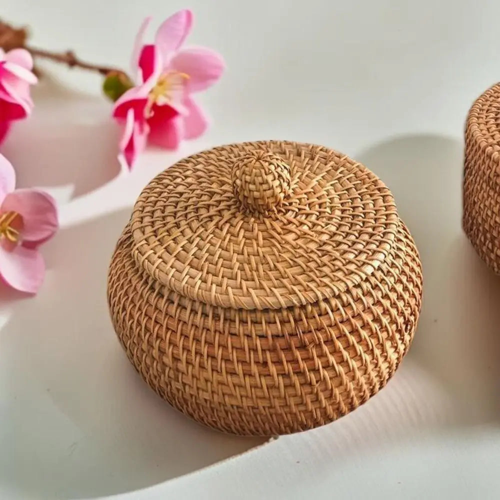 Handmade Round Rattan Basket with Lid – Wicker Storage Box