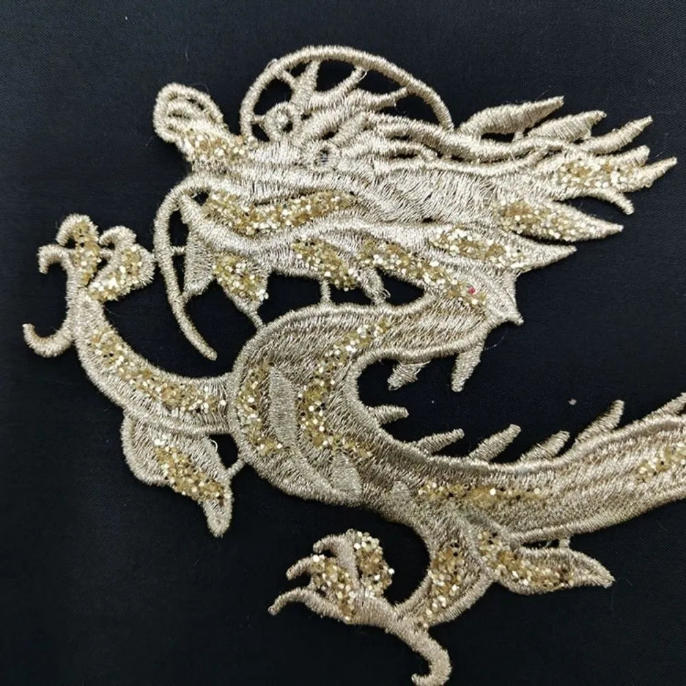 Chinese Dragon Embroidered Sequin Patch Gold Appliqué 2-Pack