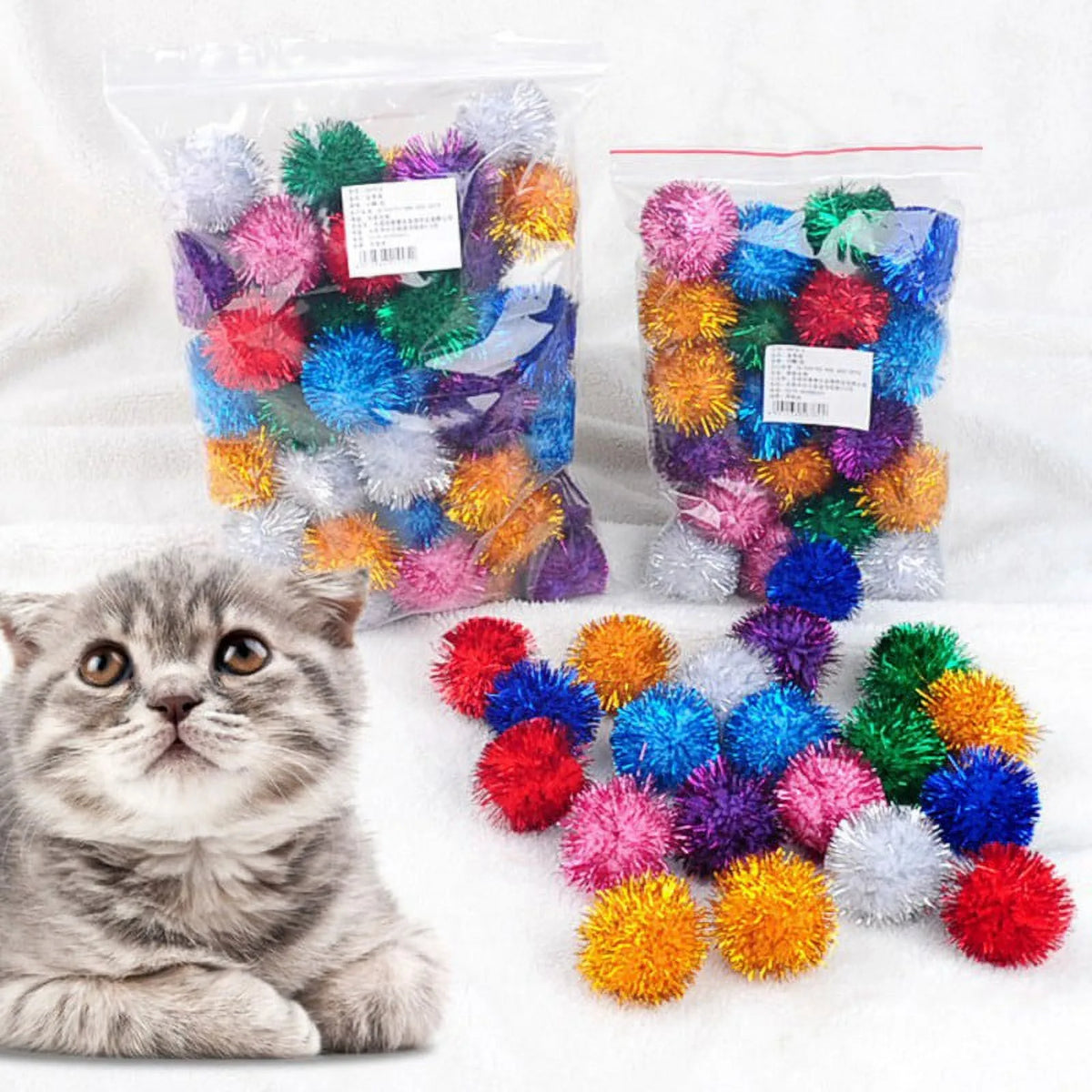Glitter Pompom Plush Balls – Cat Toys & Craft Decor 20-Pack