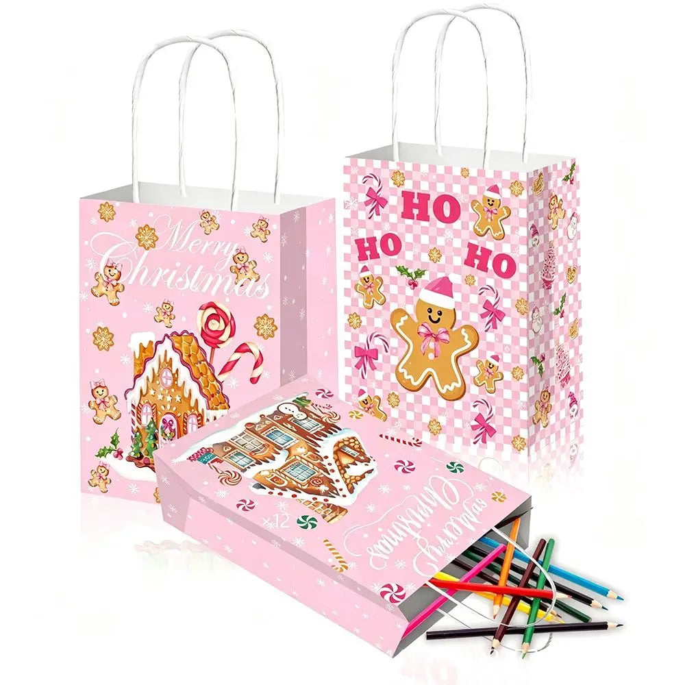 12-Pack Christmas Kraft Paper Gift Bags with Handles – Santa
