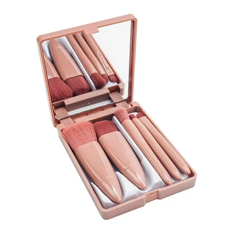 5-Piece Travel Makeup Brush Set with Built-In Mirror Case