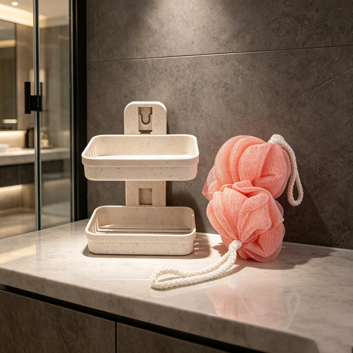 Wall Mounted Soap Dish Set with Bath Loofah Ball | No-Drill