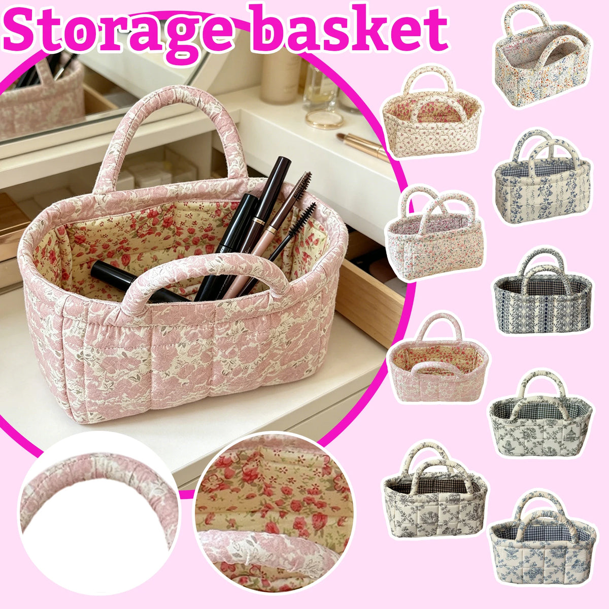 Pink Floral Quilted Storage Basket with Handle – Foldable