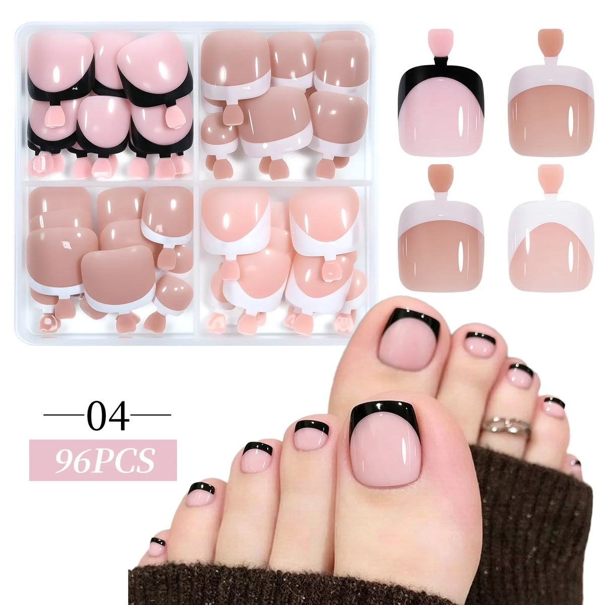 96Pcs Press On Toenails Cat Eye French Glitter Full Cover Tips