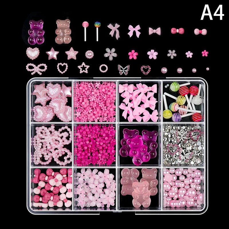 12-Grid 3D Resin Nail Art Charms – Bowknot Bear Heart Flower