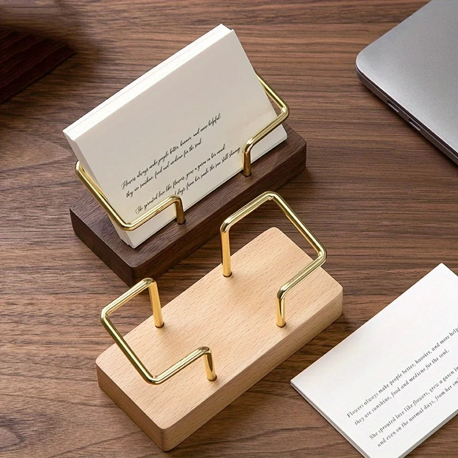 Wood & Gold Metal Business Card Holder Desk Display Stand
