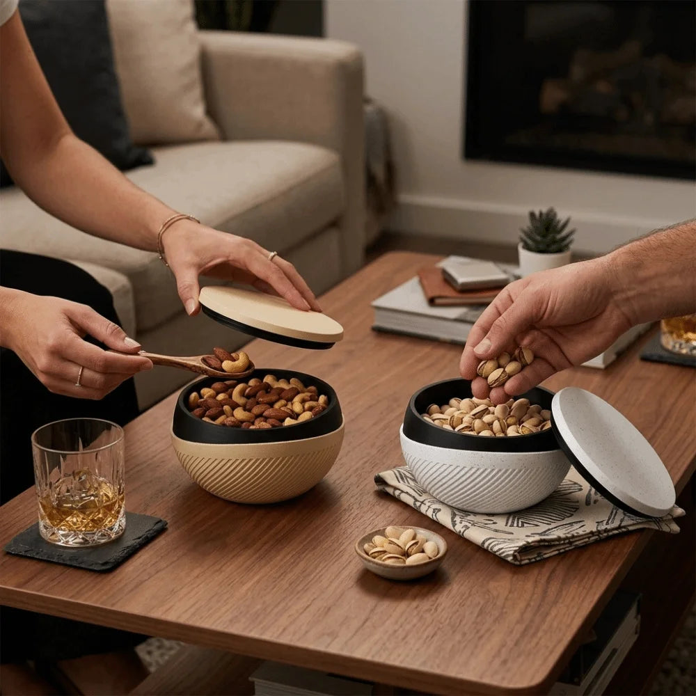 Double Layer Snack Bowl with Lid & Built-In Waste Section