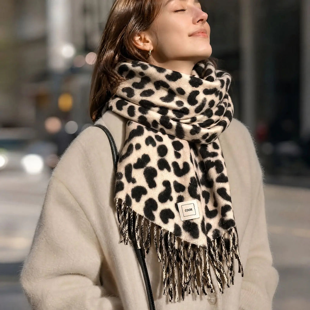 Women's Leopard Print Winter Scarf Shawl with Tassels