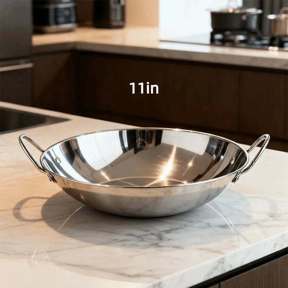 Thickened Stainless Steel Wok Uncoated Double Ear 7–11 Inch