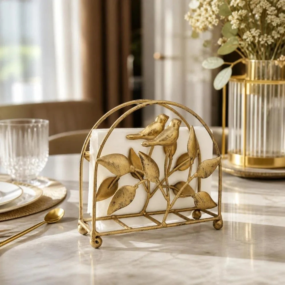 Vintage Gold Bird Napkin Holder – Rustic Bronze Iron Tissue Stand
