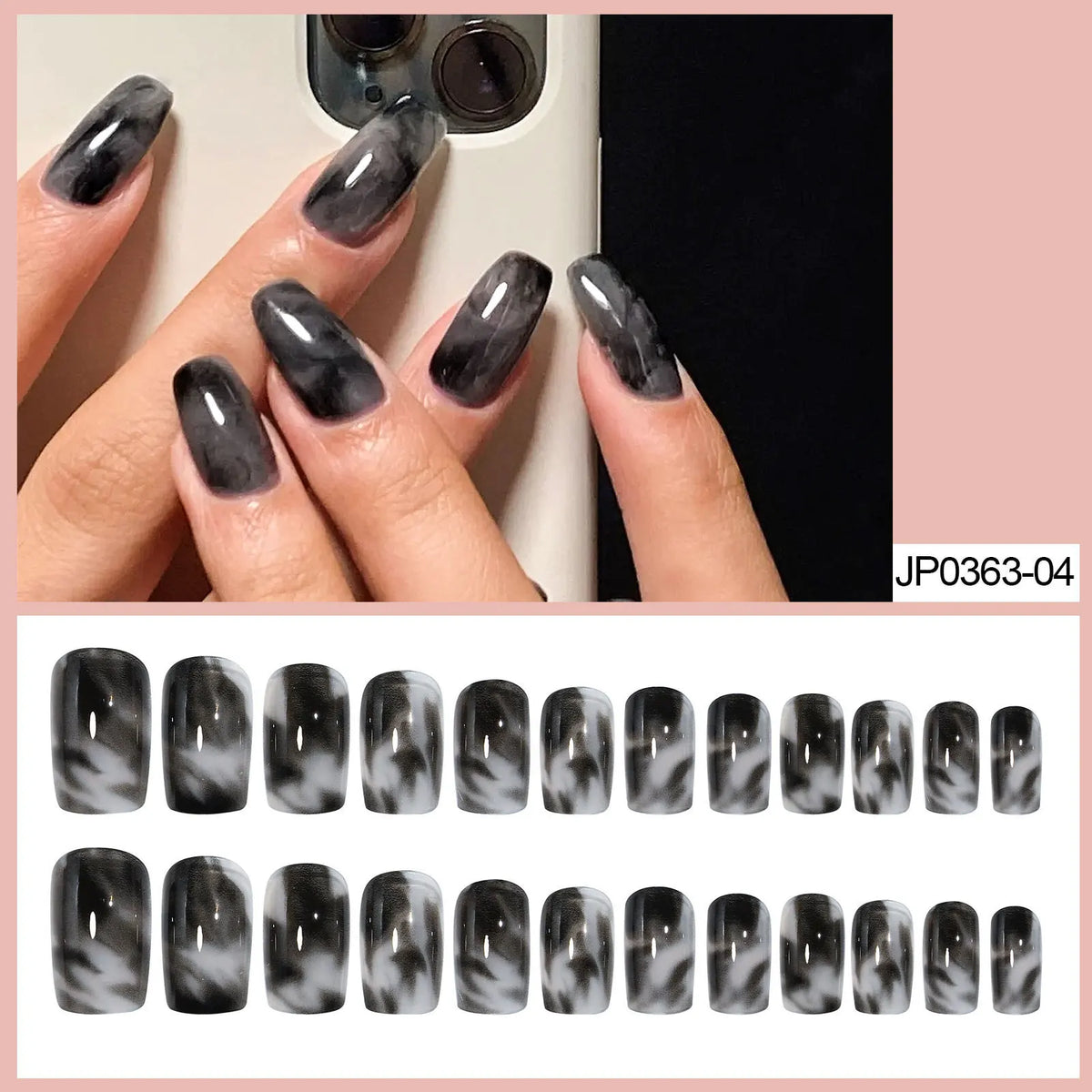 24pcs Black Grey Smoky Ombre Press On Nails | Dark Style