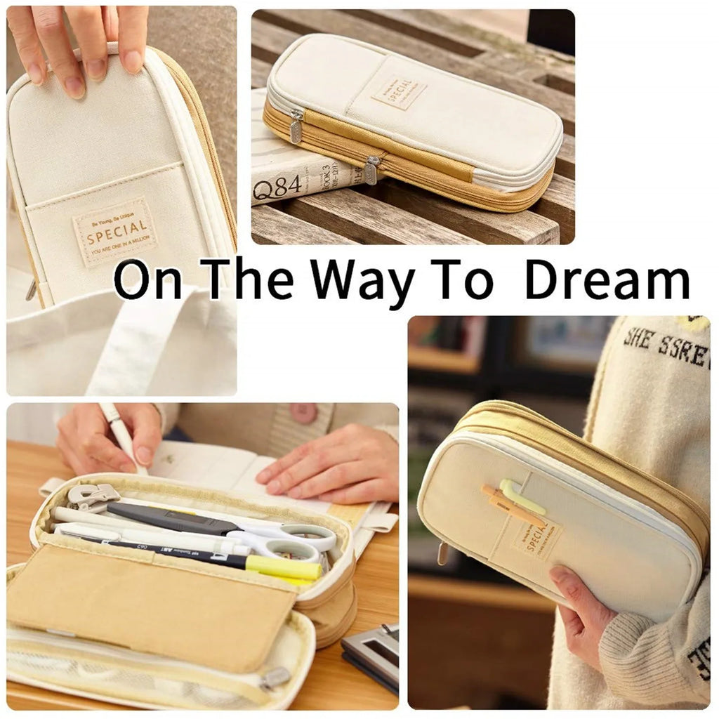 Pastel Large Capacity Canvas Pencil Case Multi-Layer Pen Bag