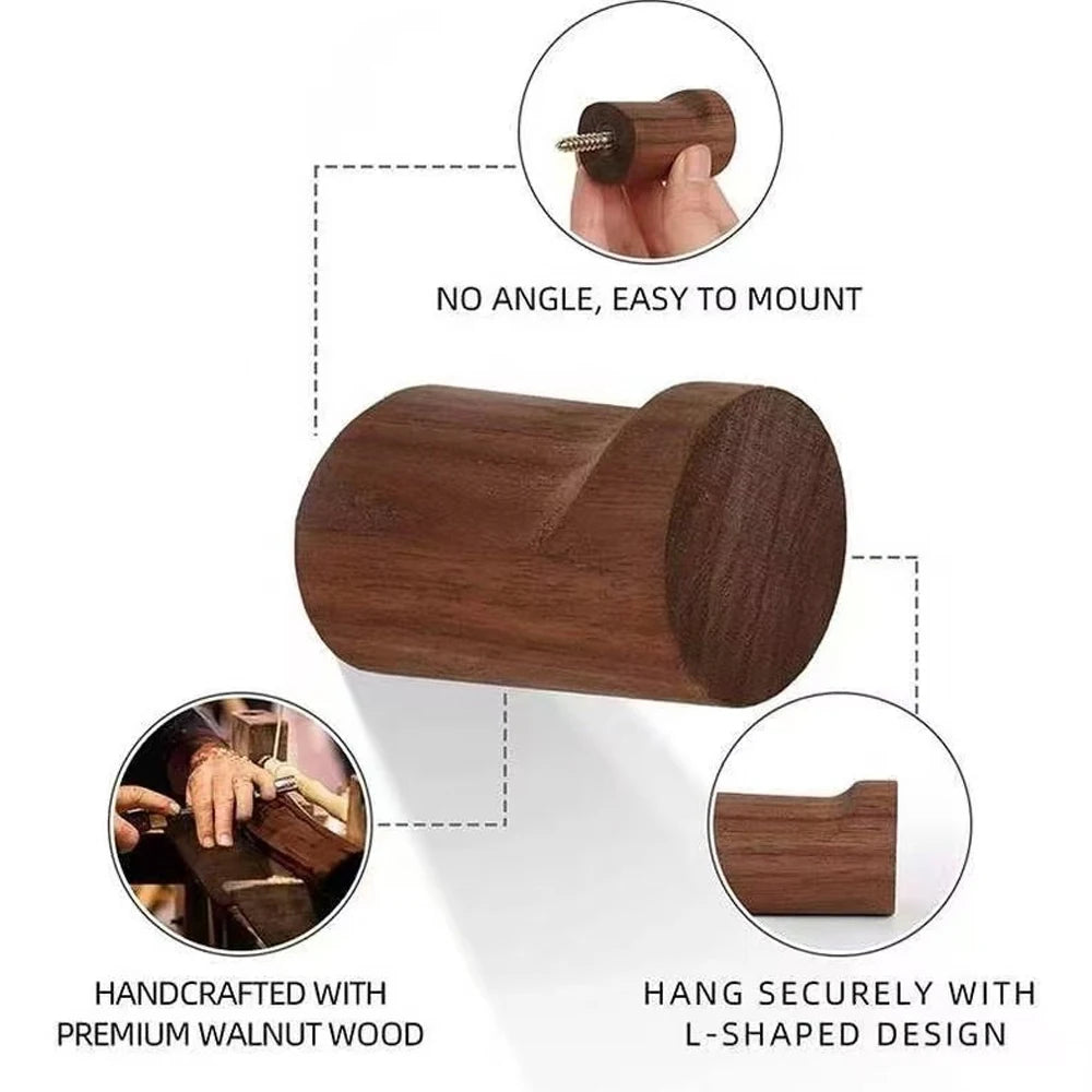 Walnut Wood Wall Hooks for Coats, Hats, Keys & Bags