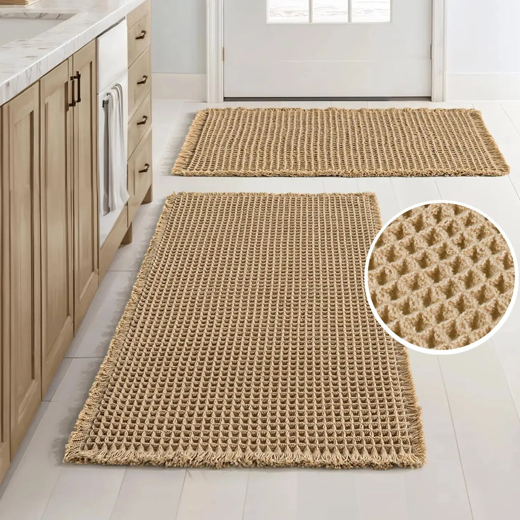 Waffle Boho Bath Rug – Non-Slip, Soft & Absorbent Mat