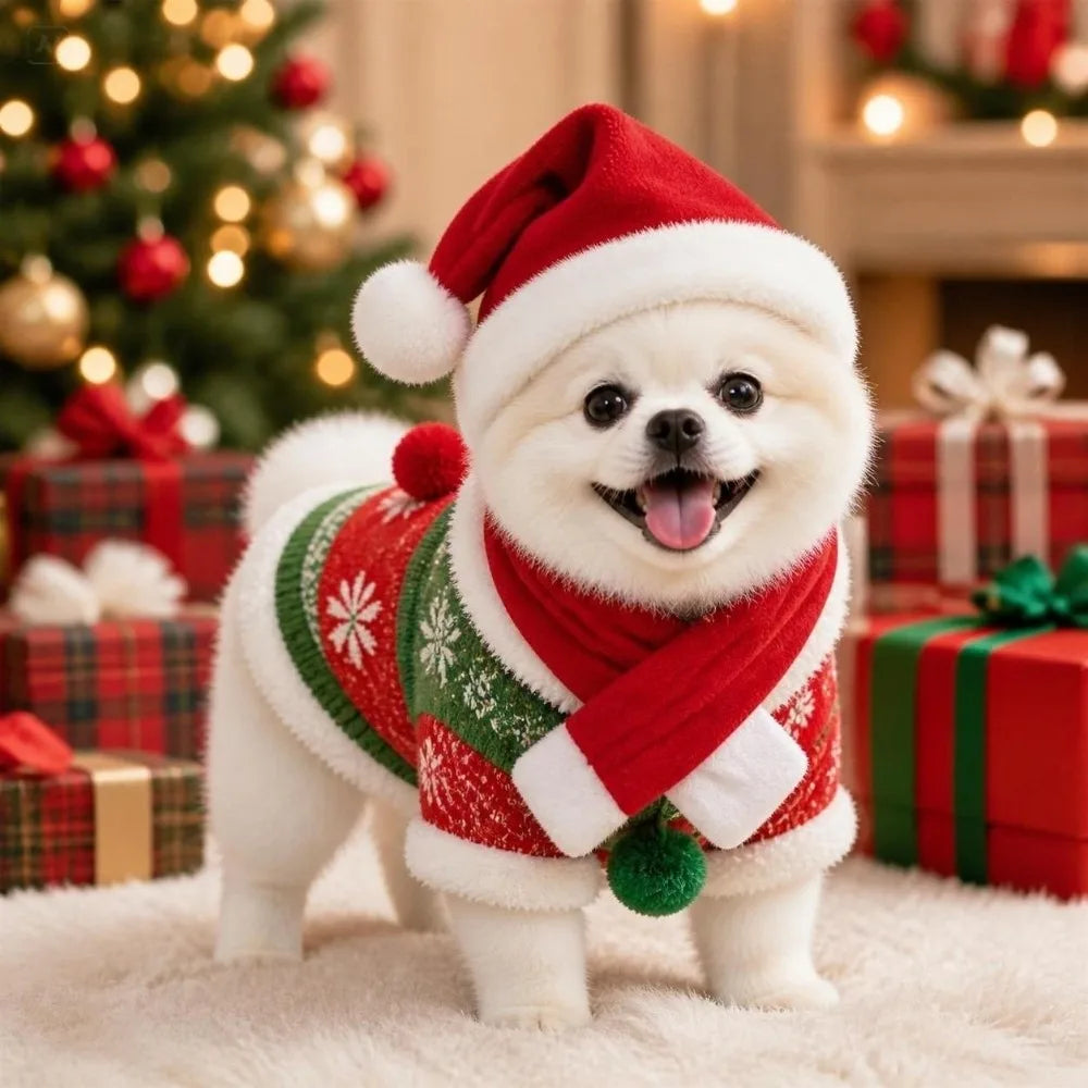 Christmas Dog & Cat Scarf Hat Set – 2 Pcs for Small Pets