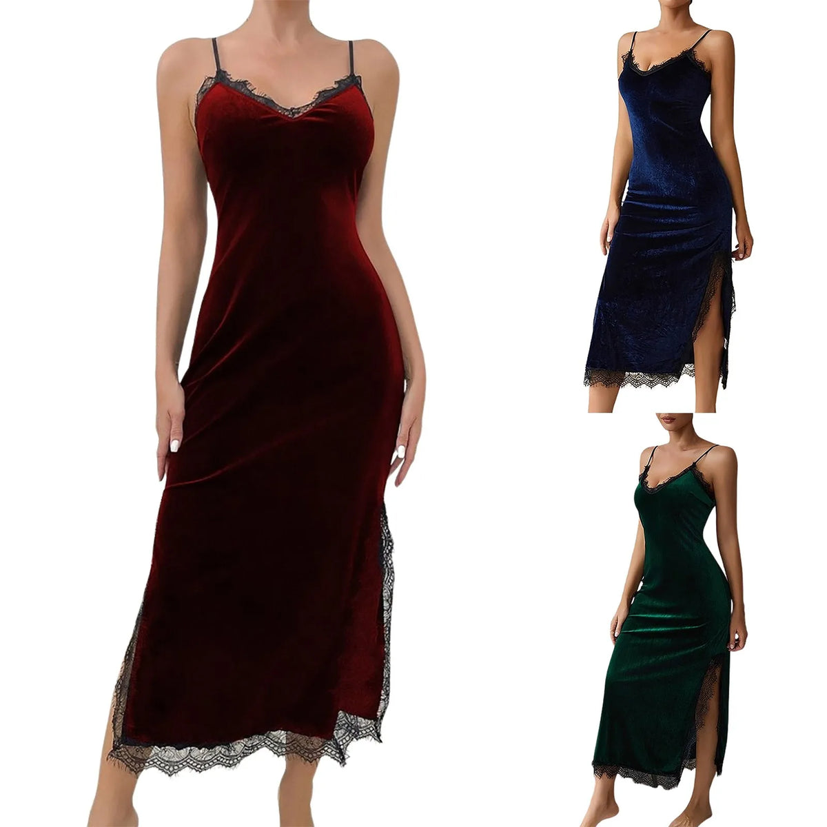 Women's Velvet Lace Long Nightgown High Split Sleep Dress