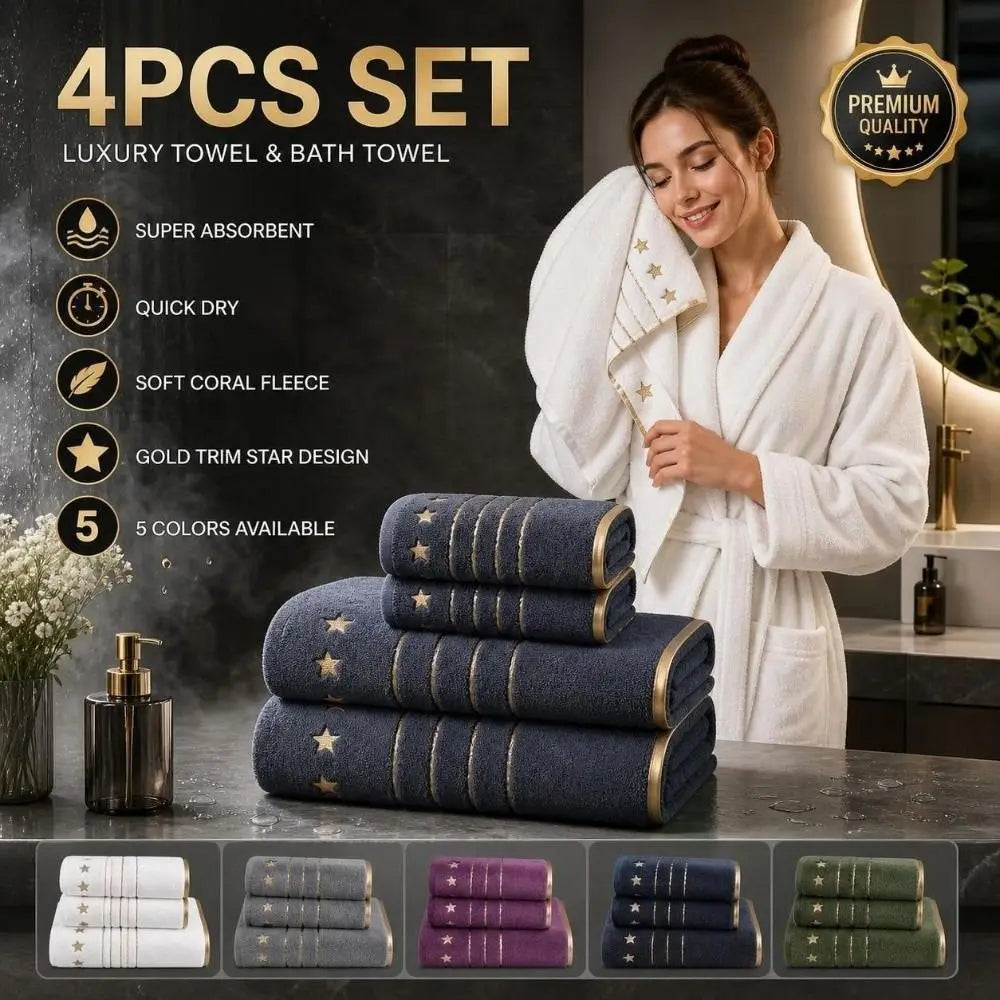 4-Piece Coral Fleece Towel Set – Star Embroidery & Gold Trim