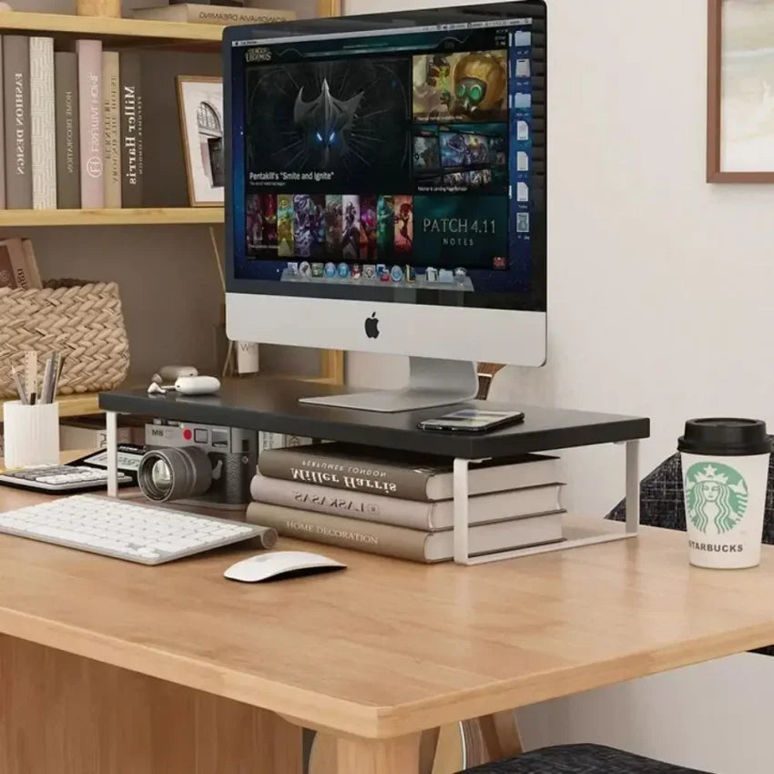 Elevated Monitor Stand with Storage Rack – Metal & Wood Riser