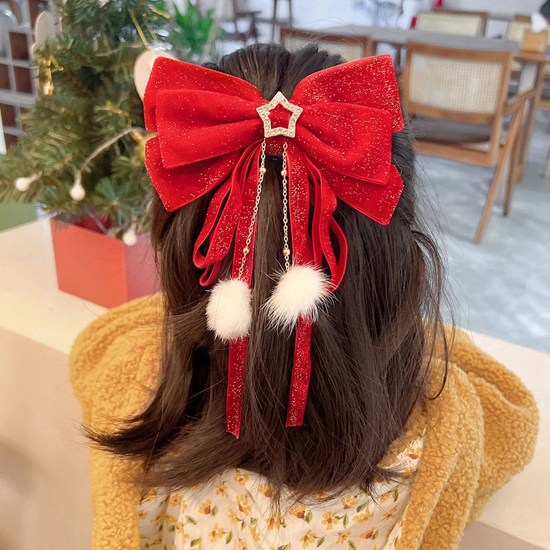Red Velvet Gold Bow Hair Clip – Christmas Barrette for Girls