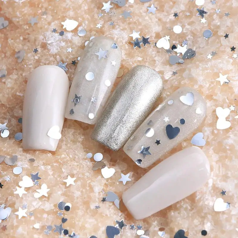 6-Grid 3D Nail Charms – Silver Glitter Love Star Nail Gems