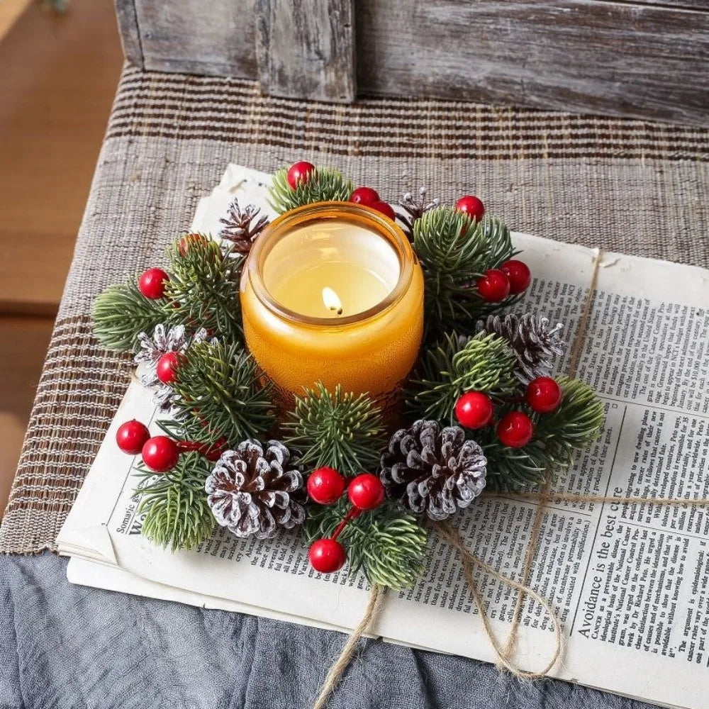 Christmas Pine Cone Red Berry Candle Wreath Table Centerpiece
