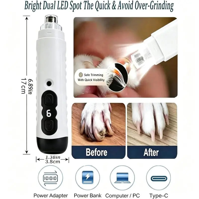 VIBE Quiet Pet Nail Grinder 6-Speed for Dogs & Cats | LED Light