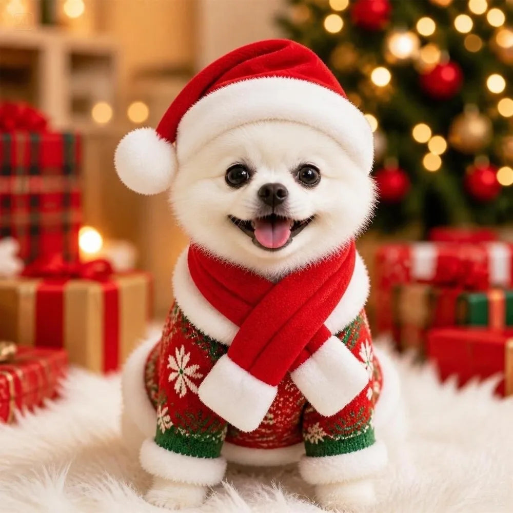 Christmas Dog & Cat Scarf Hat Set – 2 Pcs for Small Pets