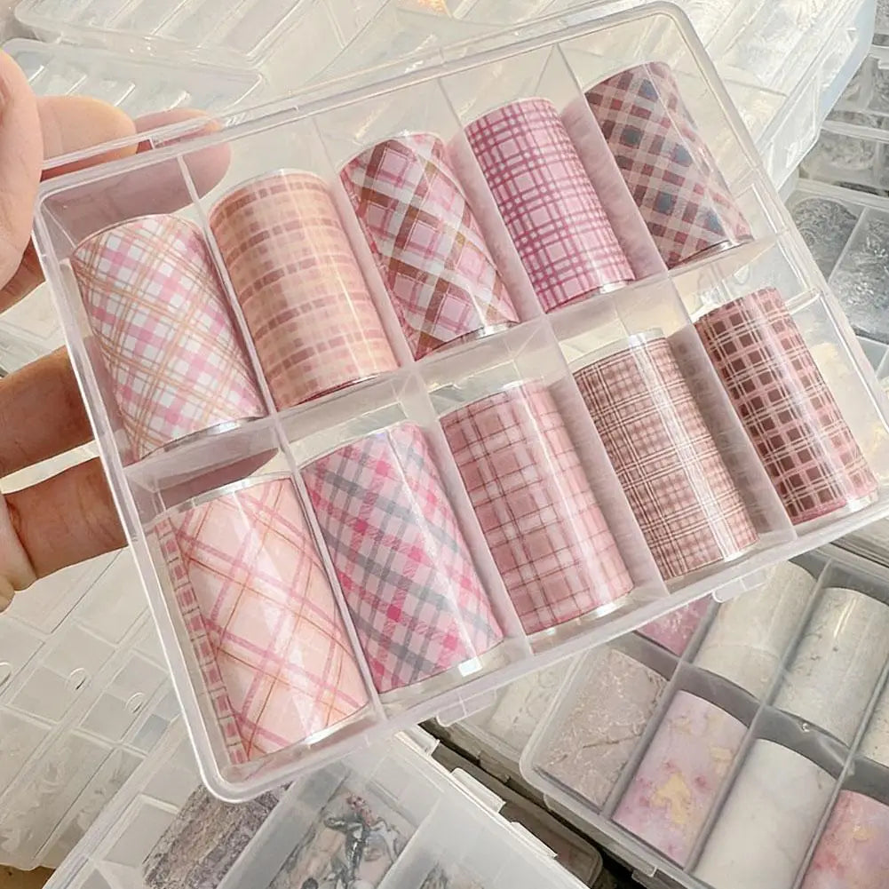 10-Roll Pink Checkered Nail Transfer Foils & Decals Set