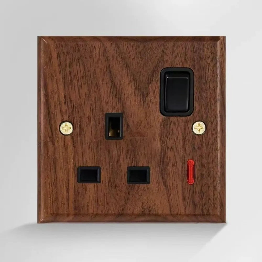 Walnut Wood Brass Toggle Wall Switch & Socket Panel 86mm