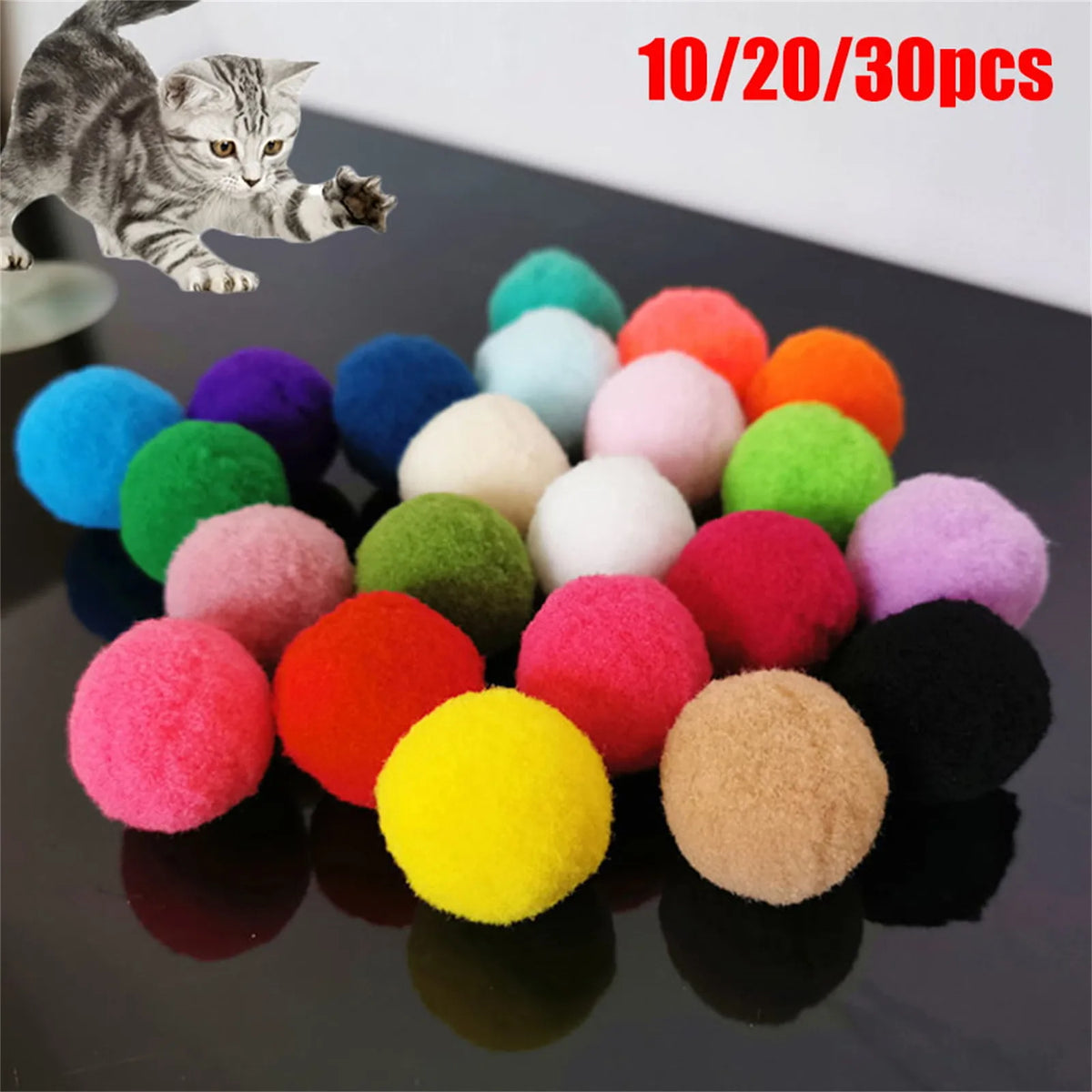 Colorful Plush Pom-Pom Cat Toy Balls – 10/20/30 Pack