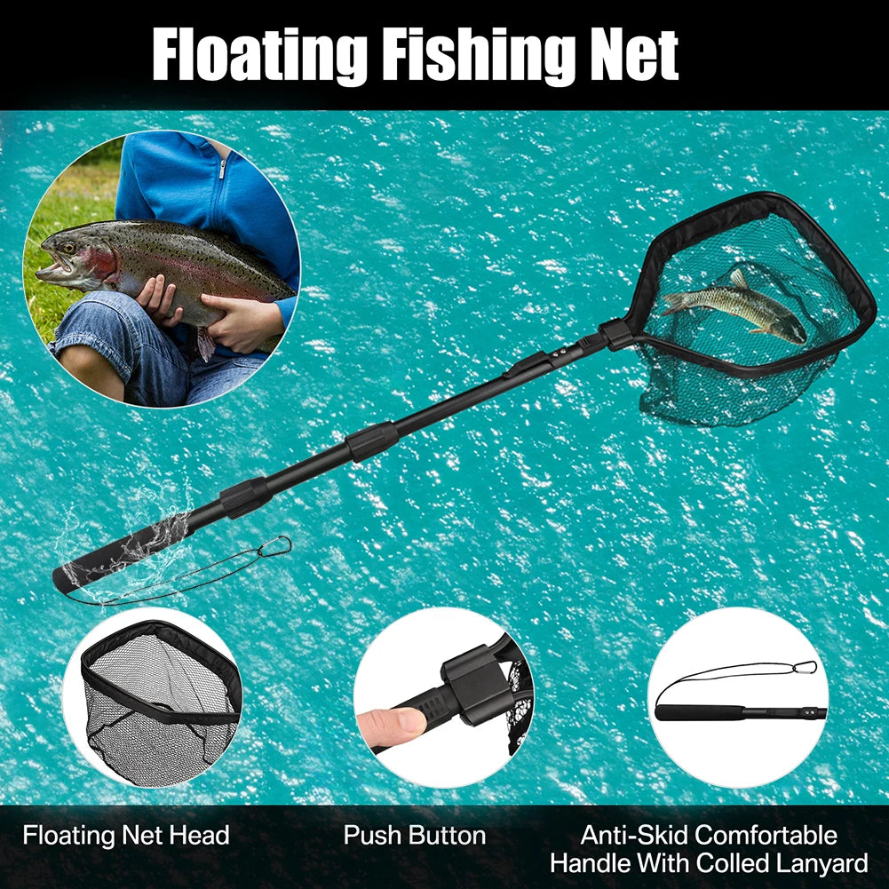 Floating Fishing Landing Net – Rubber Coated Telescoping Handle