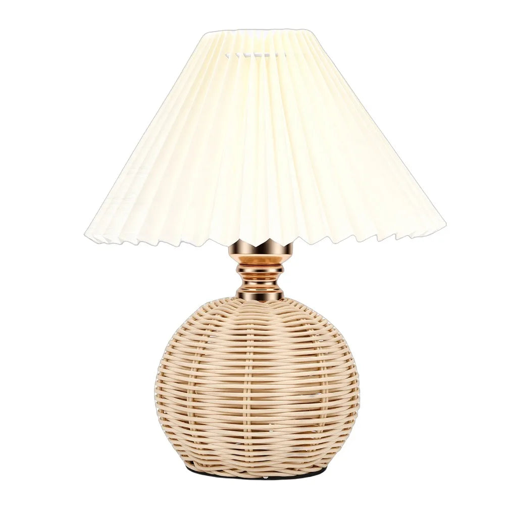 Pleated Fabric Table Lamp – Rattan Base, 3 Color Temps