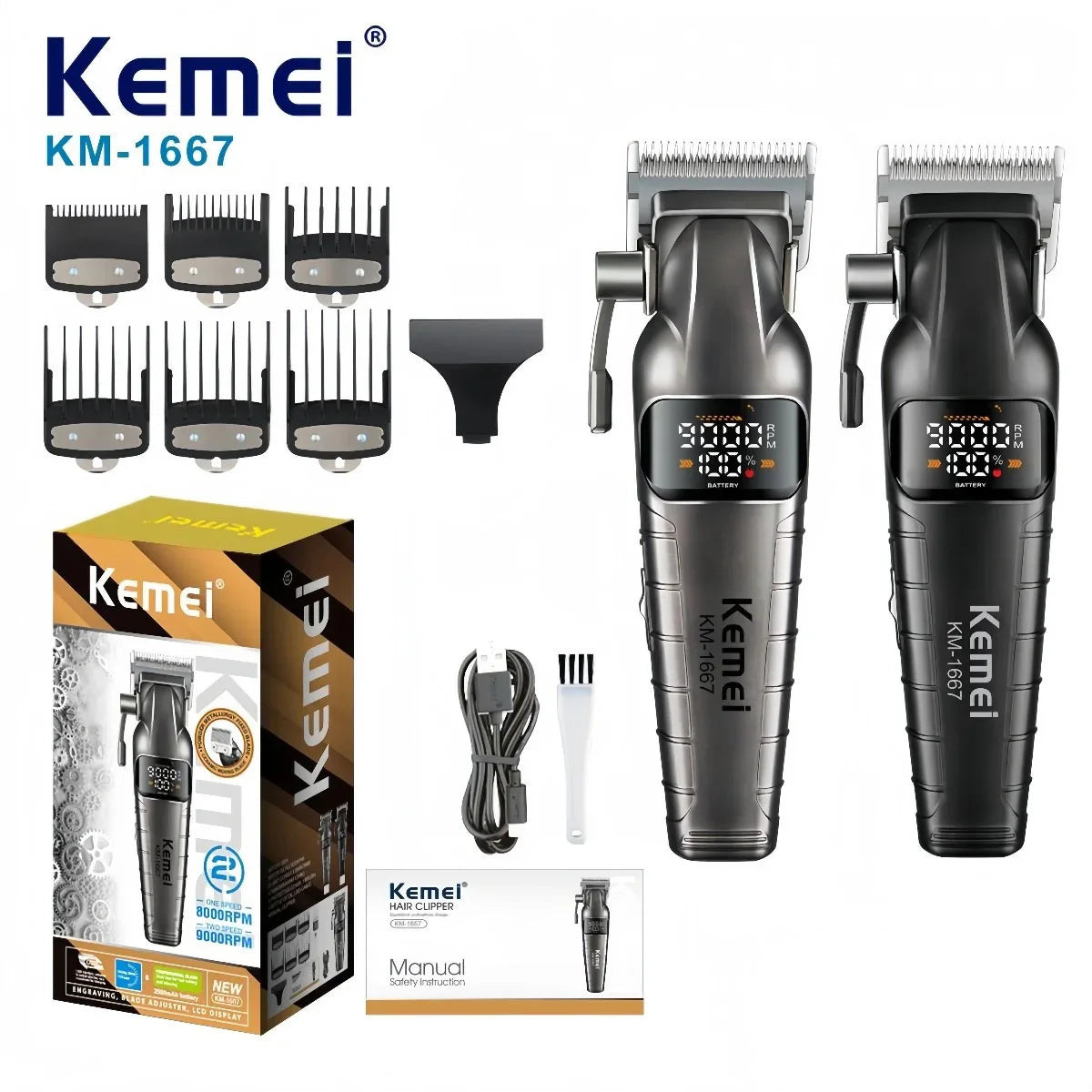 Kemei KM-1667 Cordless Hair Clipper 9000RPM Trimmer