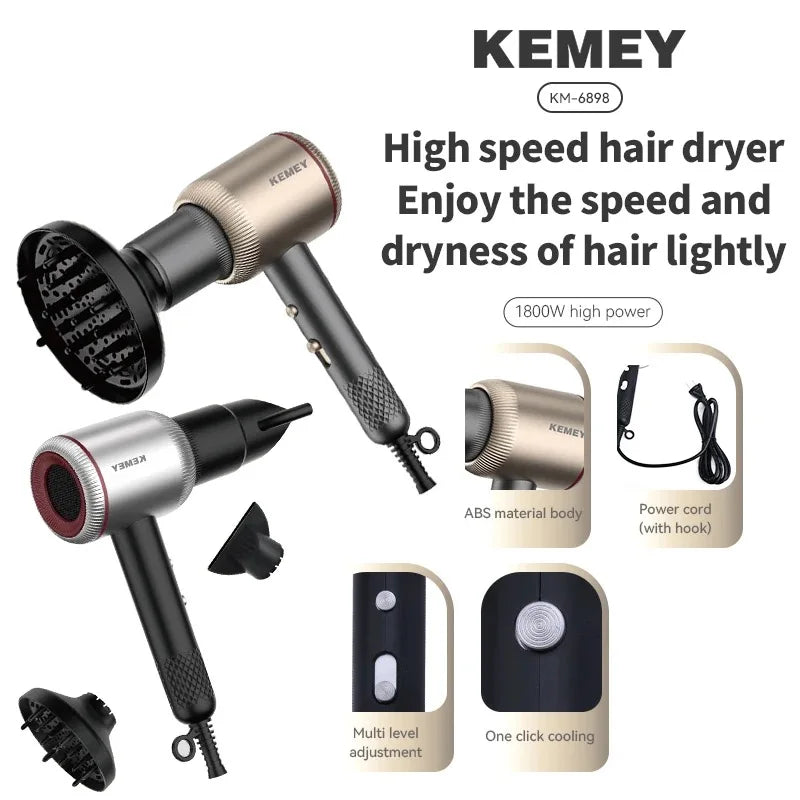 Kemei 1800W Ionic Professional Hair Dryer with Diffuser & Nozzles