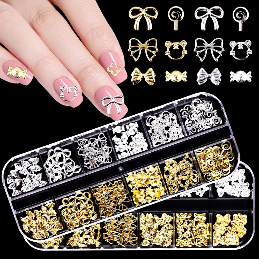 12-Grid 3D Nail Charms Gold Silver Punk Metal Art Decorations