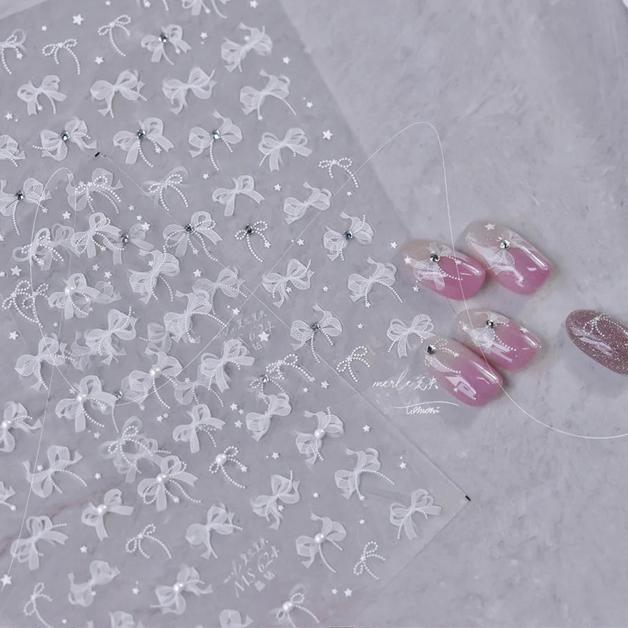 5D Lace Bow Nail Art Stickers – Pearl Rhinestone Decals