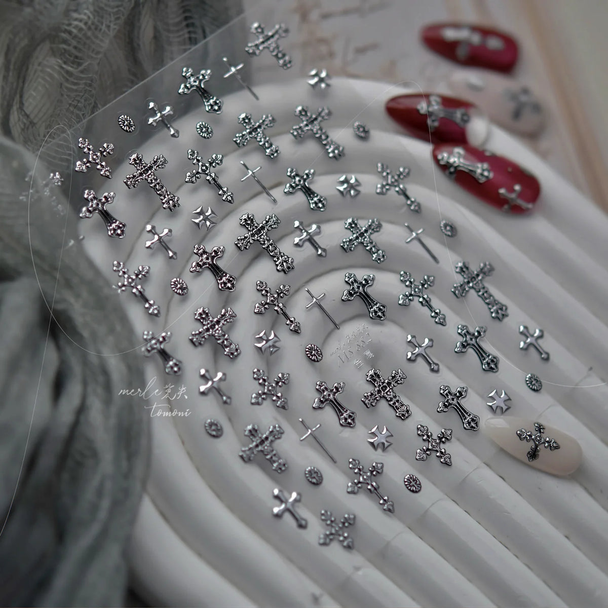 Dark Retro Cross Metal Nail Stickers – Self-Adhesive DIY Decals