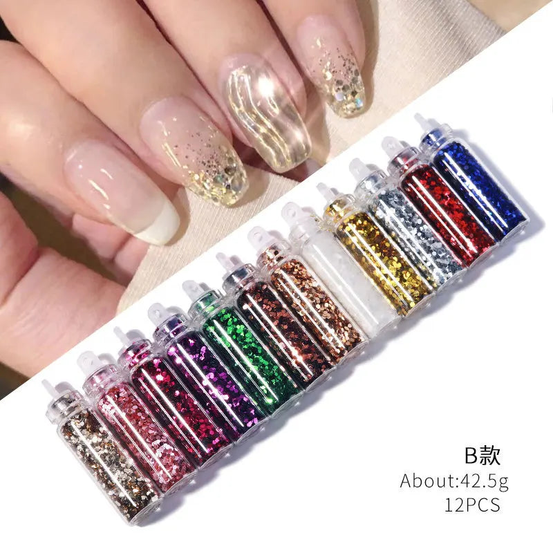 12-Bottle Nail Art Glitter Sequins Set – Face, Hair & Body