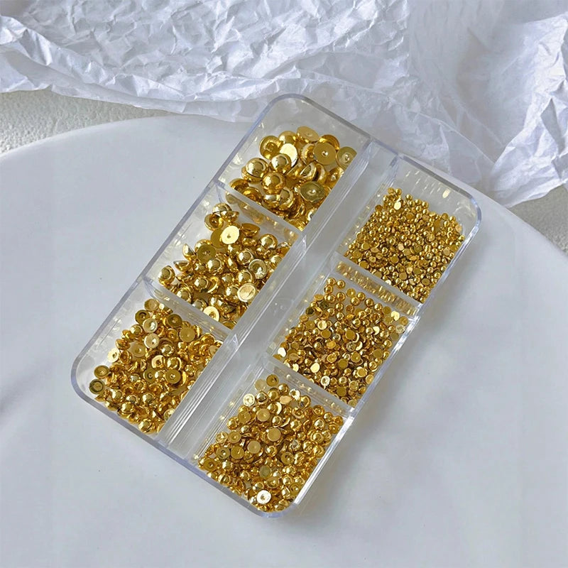 3D Gold & Silver Half Round Nail Art Studs – 6-Grid Box